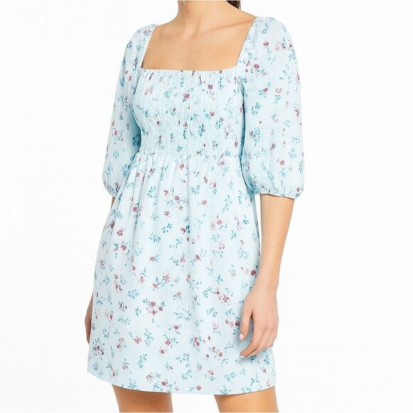 NEW Bar III Womens Smocked Short Fit &‎ Flare Dress Aqua Floral Multi Size S - Picture 1 of 13